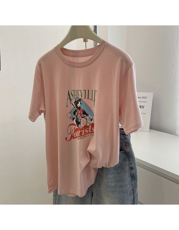 Age reducing pink cartoon letter printing T-shirt female! Summer thin slim round neck washed cotton casual short sleeve top 