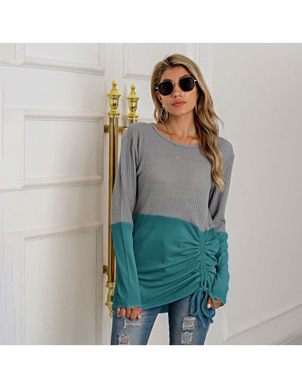 Hot Selling New European and American Products Splice Knitwear Drawcord Round Neck Versatile Sweater Women's Large