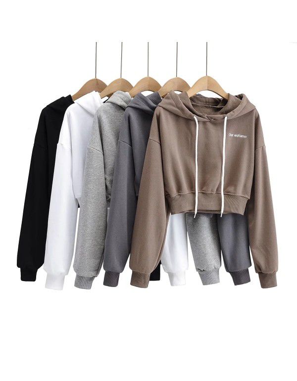 Fashion Letter Embroidery Hoodie Short Lace Up Long Sleeve Pullover Casual Sweater