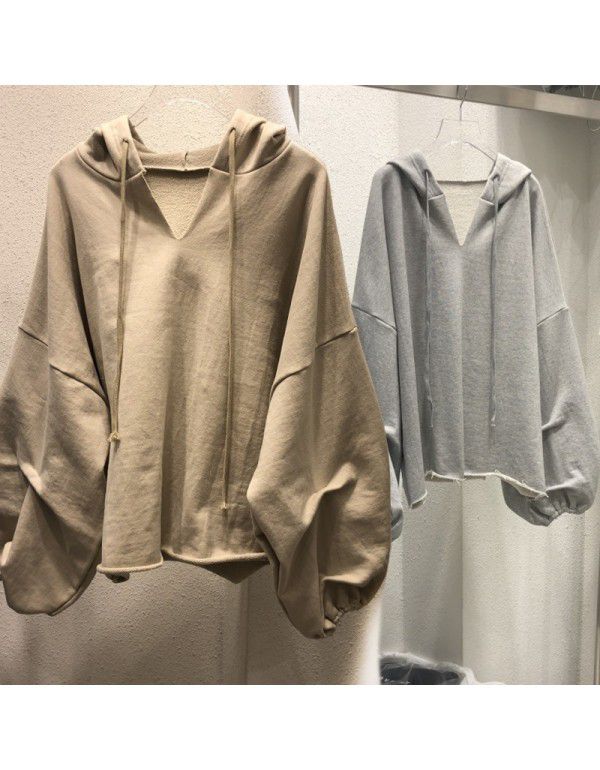 Cotton sweater Women's hooded Spring and Autumn New Thin Loose Korean version Solid V-neck Student Top Women's Wear