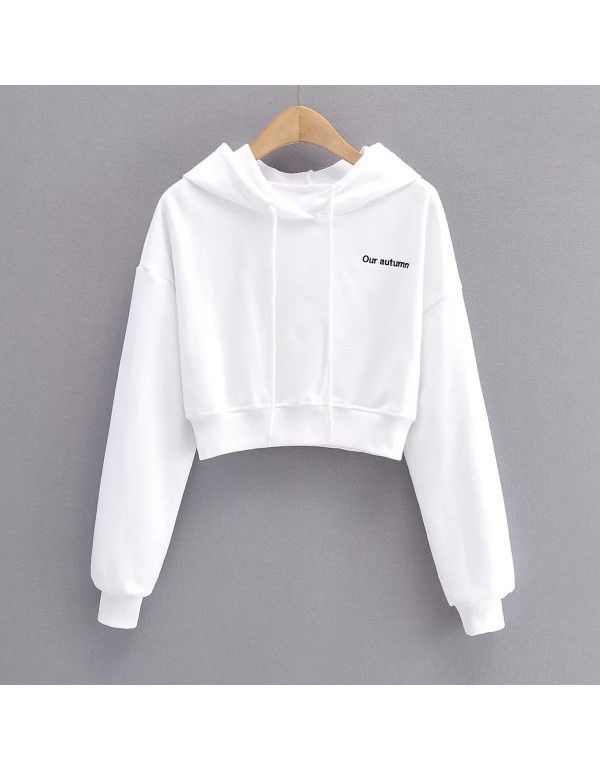 Fashion Letter Embroidery Hoodie Short Lace Up Long Sleeve Pullover Casual Sweater