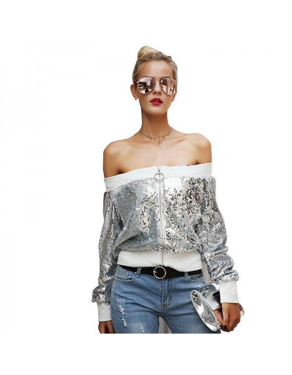 Spring women's zipper silver white jacket sexy one-line neck sequin patchwork jacket casual top 