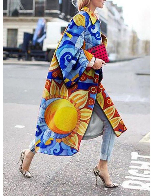 Long flared sleeve outerwear printed loose windbreaker for women