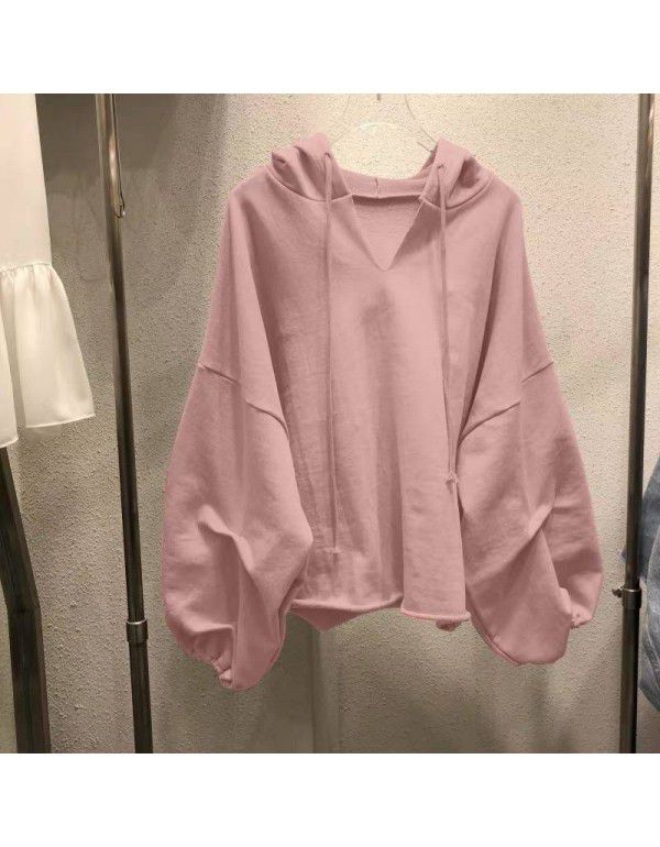 Cotton sweater Women's hooded Spring and Autumn New Thin Loose Korean version Solid V-neck Student Top Women's Wear