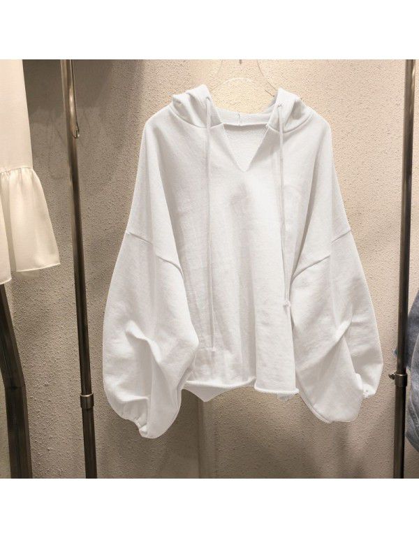 Cotton sweater Women's hooded Spring and Autumn New Thin Loose Korean version Solid V-neck Student Top Women's Wear