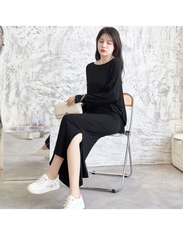 Korean style loose cover meat show thin bat sleeve T-shirt with buttock split high waist skirt show thin dress set 