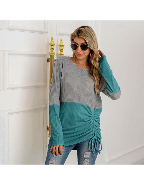 Hot Selling New European and American Products Splice Knitwear Drawcord Round Neck Versatile Sweater Women's Large