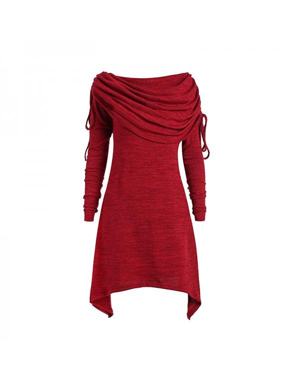 European and American women's long sleeve pleated collar casual lengthened fashion sweater