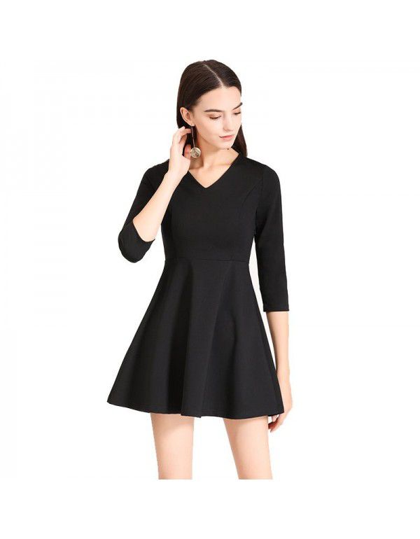 Spring New Elegant Slim Fit V-Neck 3/4 Sleeve A-line Bottom Dress Work Uniform