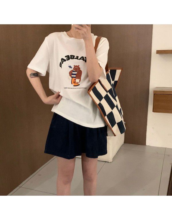 New Korean T-shirt Women's Summer Stripe Bear Print Leisure Round Neck Short Sleeve Cotton Women's Round Neck Top 