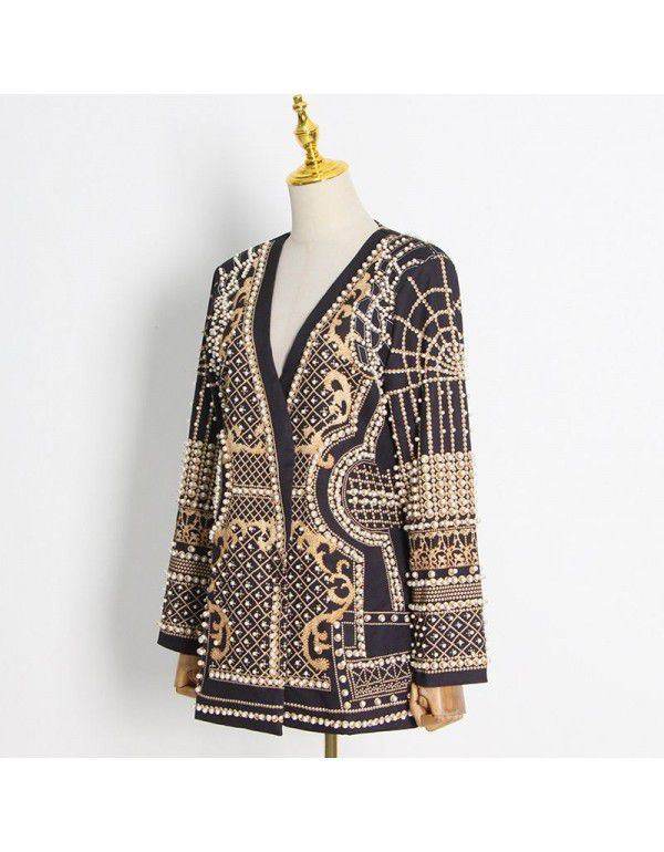 French Vintage Beaded Print Women's Autumn Fashion V-neck Long Sleeve Thickened Mid Length Suit Coat