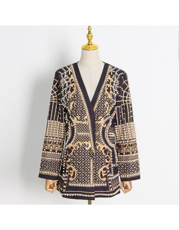 French Vintage Beaded Print Women's Autumn Fashion V-neck Long Sleeve Thickened Mid Length Suit Coat