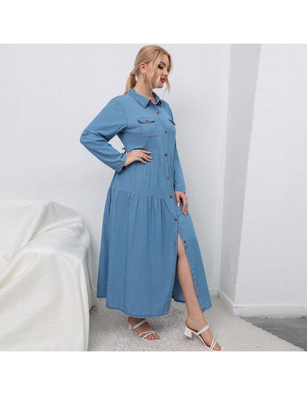 High Waist Blue Denim Long Dress Cardigan Temperament Commuter Large Women's Denim