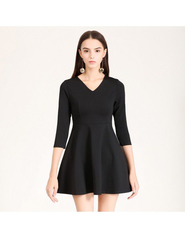 Spring New Elegant Slim Fit V-Neck 3/4 Sleeve A-line Bottom Dress Work Uniform