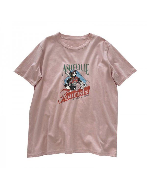 Age reducing pink cartoon letter printing T-shirt female! Summer thin slim round neck washed cotton casual short sleeve top 