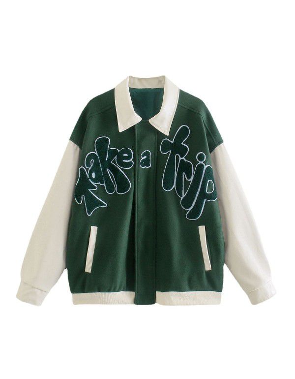 Autumn American fashion lapel jacket loose casual coat green patchwork flocked embroidered baseball jacket 