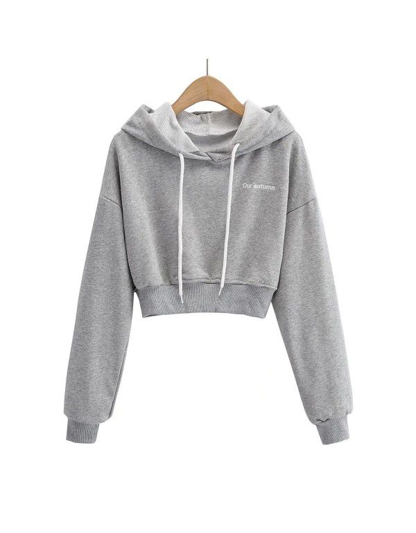 Fashion Letter Embroidery Hoodie Short Lace Up Long Sleeve Pullover Casual Sweater