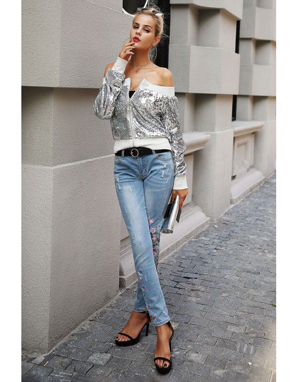 Spring women's zipper silver white jacket sexy one-line neck sequin patchwork jacket casual top 