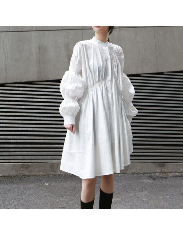 Loose personality pleated shirt skirt fashion new fashion stand collar lantern sleeve solid color irregular dress women 