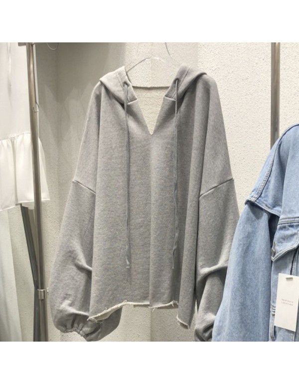 Cotton sweater Women's hooded Spring and Autumn New Thin Loose Korean version Solid V-neck Student Top Women's Wear