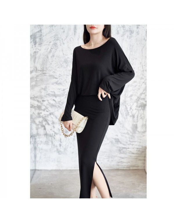 Korean style loose cover meat show thin bat sleeve T-shirt with buttock split high waist skirt show thin dress set 