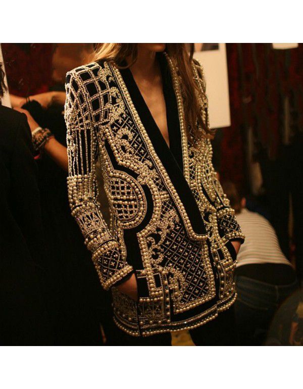 French Vintage Beaded Print Women's Autumn Fashion V-neck Long Sleeve Thickened Mid Length Suit Coat