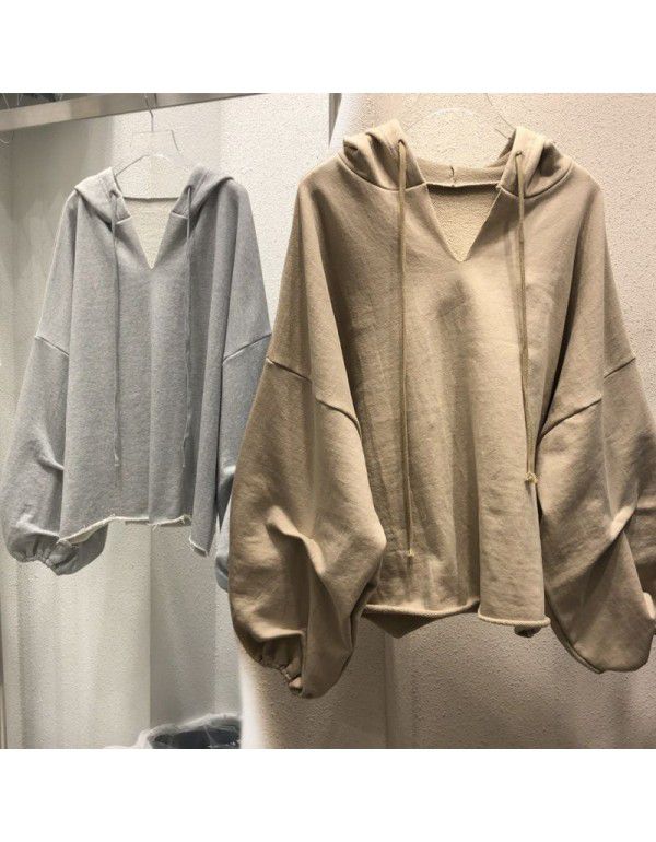 Cotton sweater Women's hooded Spring and Autumn New Thin Loose Korean version Solid V-neck Student Top Women's Wear