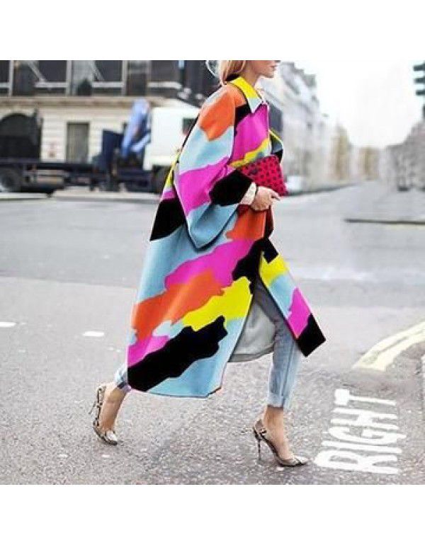 Long flared sleeve outerwear printed loose windbreaker for women