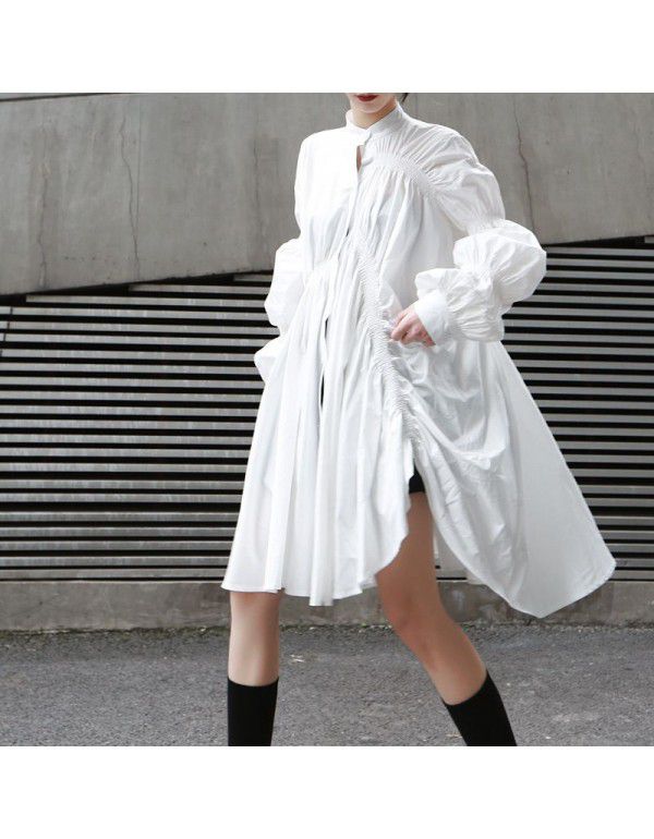 Loose personality pleated shirt skirt fashion new fashion stand collar lantern sleeve solid color irregular dress women 