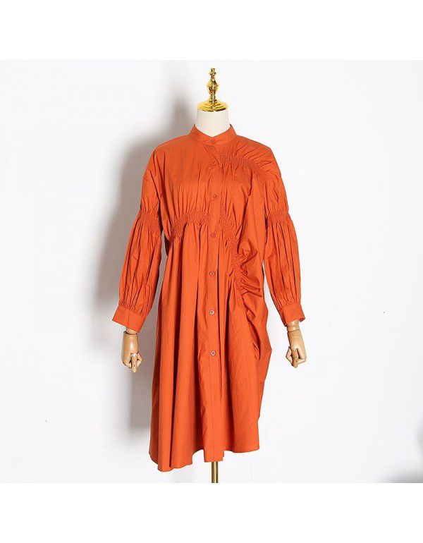 Loose personality pleated shirt skirt fashion new fashion stand collar lantern sleeve solid color irregular dress women 