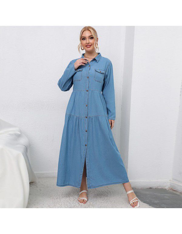 High Waist Blue Denim Long Dress Cardigan Temperam...