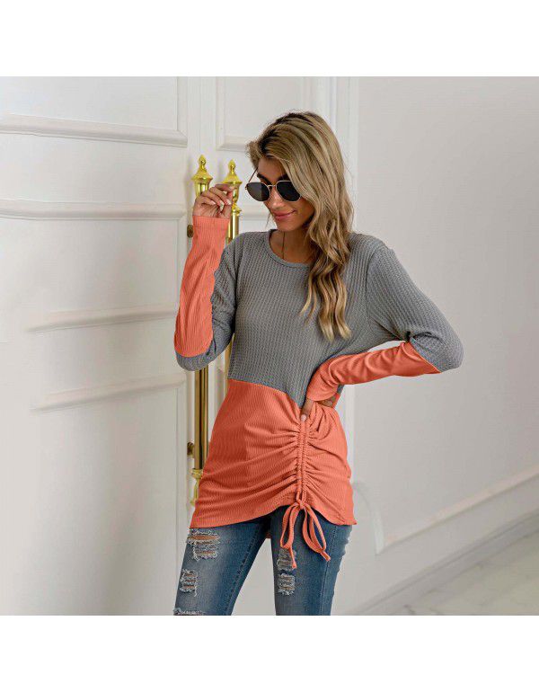 Hot Selling New European and American Products Splice Knitwear Drawcord Round Neck Versatile Sweater Women's Large