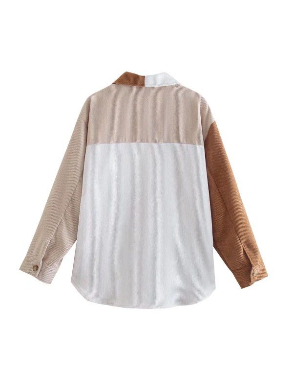 Spring and Autumn Style Polo Collar Single breasted Contrast Corduroy Shirt Coat Women's Outer Layer Loose Casual Shirt