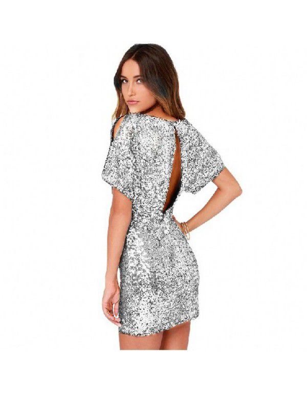 European and American gold sequin slimming show thin shoulder bag buttock dress sexy nightclub open back dress short skirt 