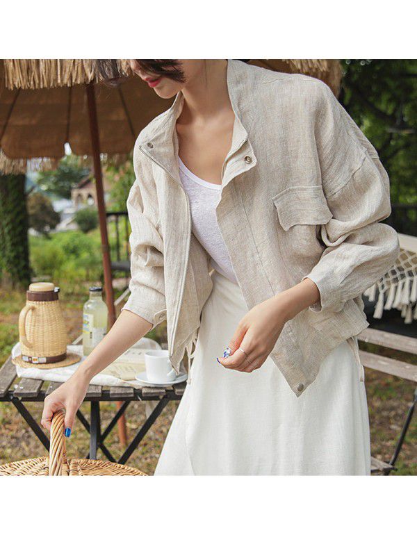 Workwear Style Stand Collar Large Pocket Loose Jacket Top Spring and Autumn Korean Casual Cotton Hemp Coat Jacket Women