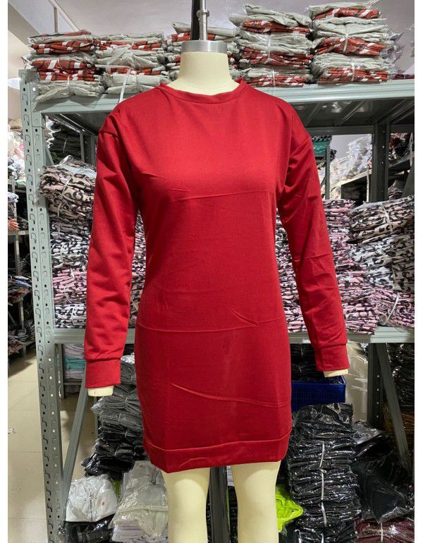 European and American winter new casual round-neck solid color medium length sweater dress for women 