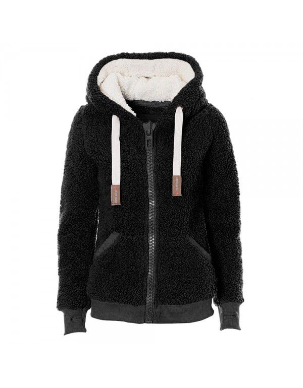 Autumn and Winter Hooded Plush Cardigan Long Sleeve Sweater Women's Jacket Loose Coat