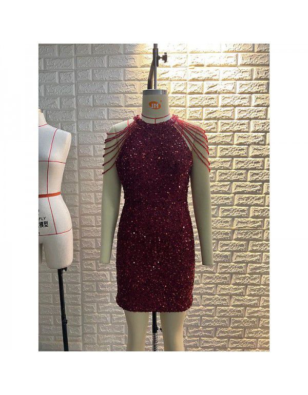 Sequin Short Dress Dress Women's Fashion Popular Round Neck Sexy Slim Fit Tassel Dress