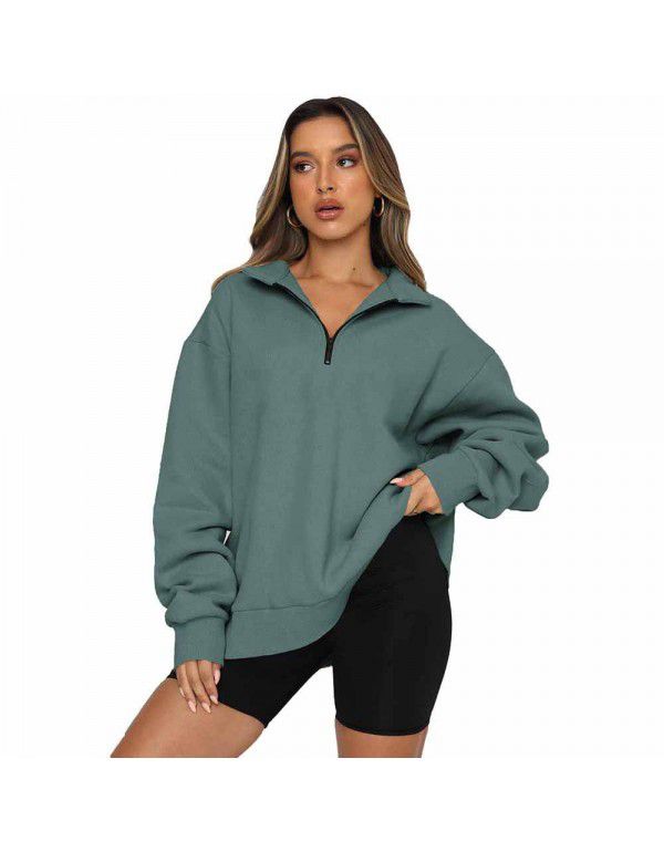 Shiying Zipper Polo Large Sweater Women's Solid Loose Versatile Top 25311969