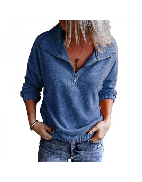 Solid color fleece stand neck zippered sweater Women's hem Rubber band casual long sleeve top Women