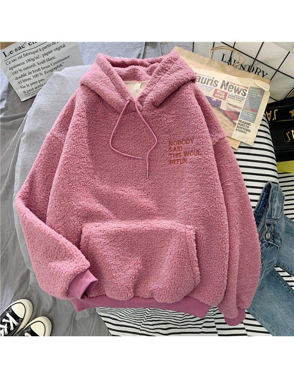 Imitation cashmere sweater women's Korean fashion students loose bf lazy autumn and winter plush thickened hoodie top 