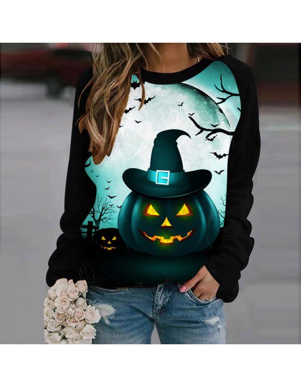 Women's Halloween Round Neck Pullover Long Sleeve Casual Loose Pumpkin Print Women's Sweater