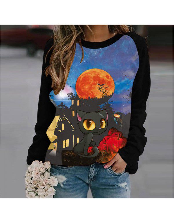 Women's Halloween Round Neck Pullover Long Sleeve Casual Loose Pumpkin Print Women's Sweater