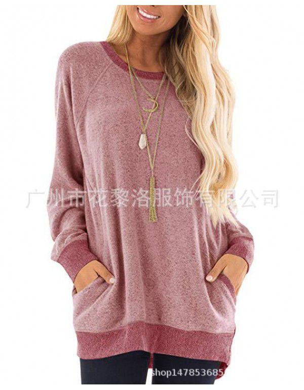 Autumn and winter women's round neck contrast pocket sweater long-sleeved pullover sweatshirt casual T-shirt 