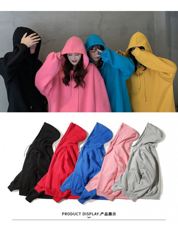 Cotton casual hooded pullover thickened plush solid color new spring and autumn versatile loose Japanese women's sweater 
