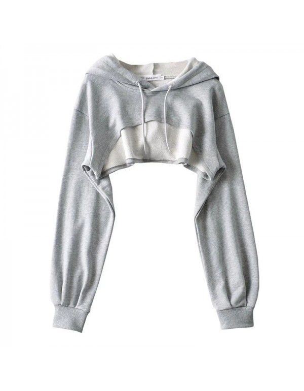 Spring New European Style Short Sports Drawstring Hoodie Women's Solid Color Versatile Long Sleeve Hoodie Top