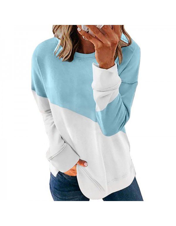 New Contrast Color Long Sleeve Round Neck Contrast Loose Sweater T-shirt Top Women