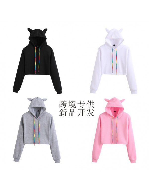 Solid Cat's ears (Steamed cat-ear shaped bread) hooded sweater Fashion sweet girls' short open navel sweater in Europe and America