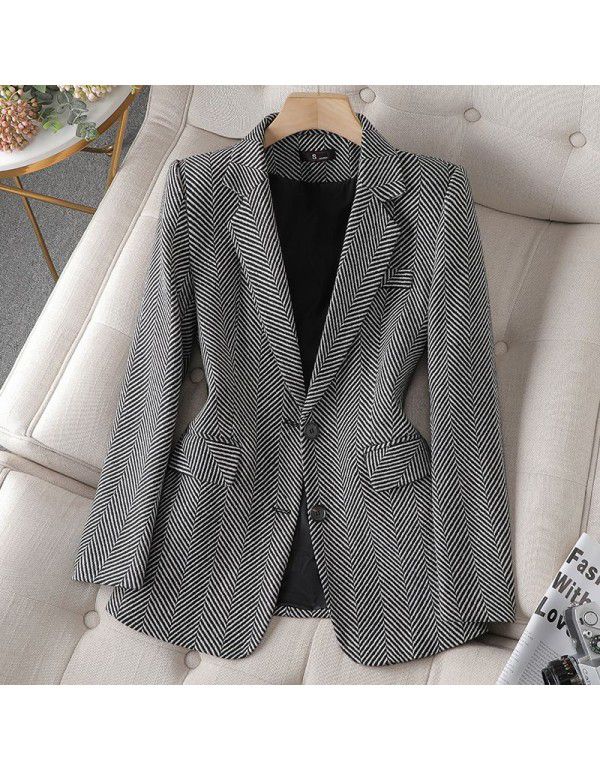 Striped casual small suit coat Women's spring and autumn new style style temperament fashion slim suit top 