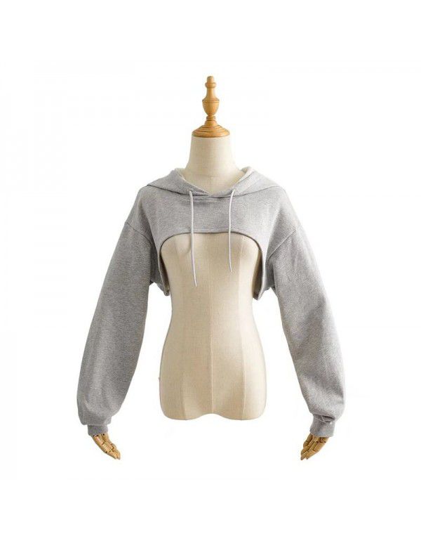 Spring New European Style Short Sports Drawstring Hoodie Women's Solid Color Versatile Long Sleeve Hoodie Top